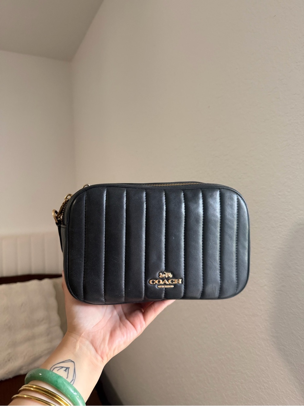 Coach Black Quilted Leather Camera Crossbody with Gold Logo